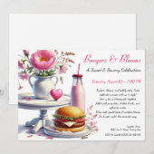 Romantic Summer Party Watercolor Burger & Pink  招待状 (正面/裏面)