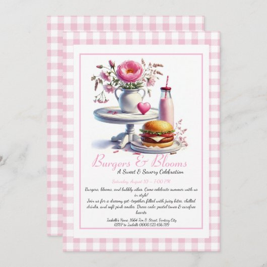 Romantic Summer Party Watercolor Burger & Pink  招待状 (正面/裏面)