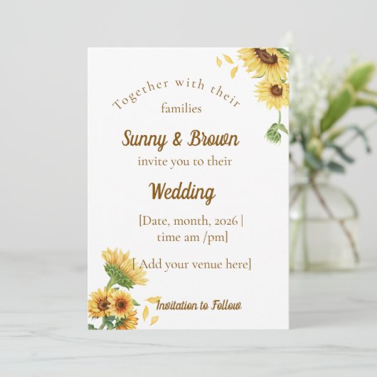 Romantic Sunflower Rustic Yellow Wedding 招待状 (スタンド正面)