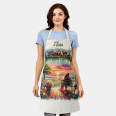 Romantic Sunset Porch View Illustration エプロン (着用した状態)