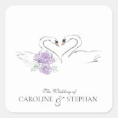 Romantic Swan Couple Heart Floral Wedding Stickers スクエアシール (正面)