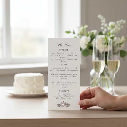 Romantic Swan Heart Calligraphy Menu Card Design メニュー