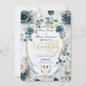 Romantic Swan Lake Watercolor Blue Floral Wedding 招待状 (正面)