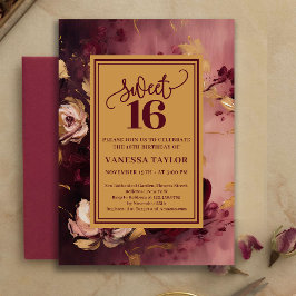 Romantic Sweet Sixteen Burgundy Blush Gold Invite 招待状