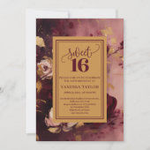 Romantic Sweet Sixteen Burgundy Blush Gold Invite 招待状 (正面)