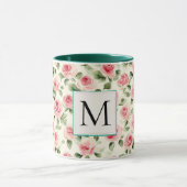 Romantic Teal Blush Pink Roses Floral Monogram マグカップ (中央)