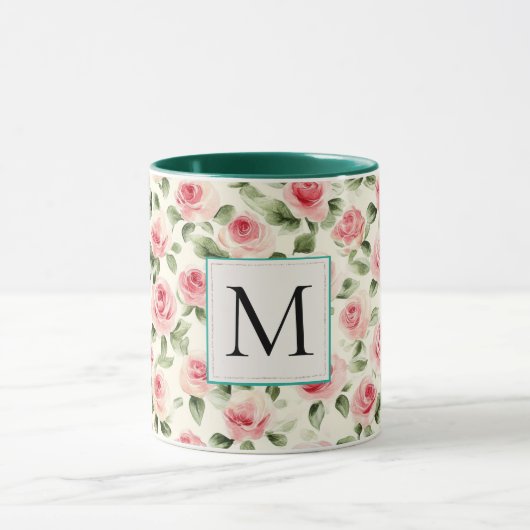 Romantic Teal Blush Pink Roses Floral Monogram マグカップ (中央)