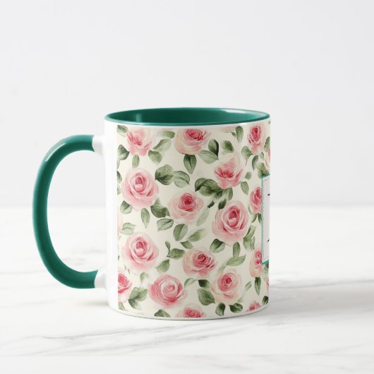 Romantic Teal Blush Pink Roses Floral Monogram マグカップ (左)