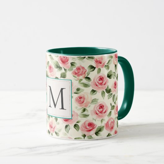 Romantic Teal Blush Pink Roses Floral Monogram マグカップ (正面右)