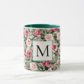 Romantic Teal Green Pink Roses Floral Monogram マグカップ (中央)