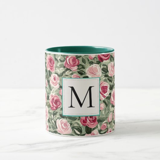 Romantic Teal Green Pink Roses Floral Monogram マグカップ (中央)