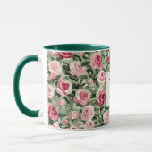 Romantic Teal Green Pink Roses Floral Monogram マグカップ (左)