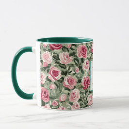 Romantic Teal Green Pink Roses Floral Monogram マグカップ