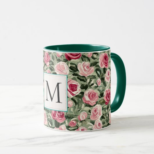 Romantic Teal Green Pink Roses Floral Monogram マグカップ (正面右)
