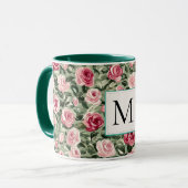 Romantic Teal Green Pink Roses Floral Monogram マグカップ (正面左)
