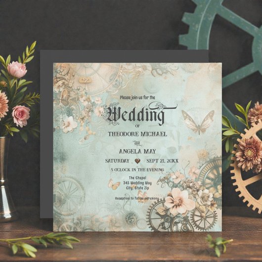 Romantic Teal Steampunk Gears Wedding Invitation 招待状