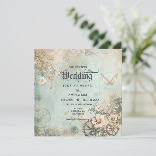 Romantic Teal Steampunk Gears Wedding Invitation 招待状 (スタンド正面)