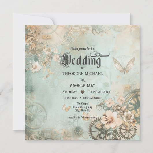 Romantic Teal Steampunk Gears Wedding Invitation 招待状 (正面)