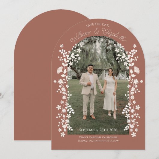 Romantic Terracotta Floral Arch Save the Date 招待状 (正面/裏面)
