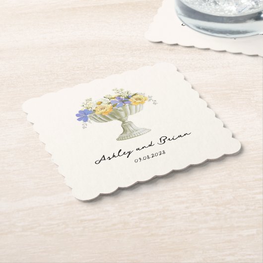 Romantic Tuscan Garden Urn with Flowers Wedding ペーパーコースター (アングル)