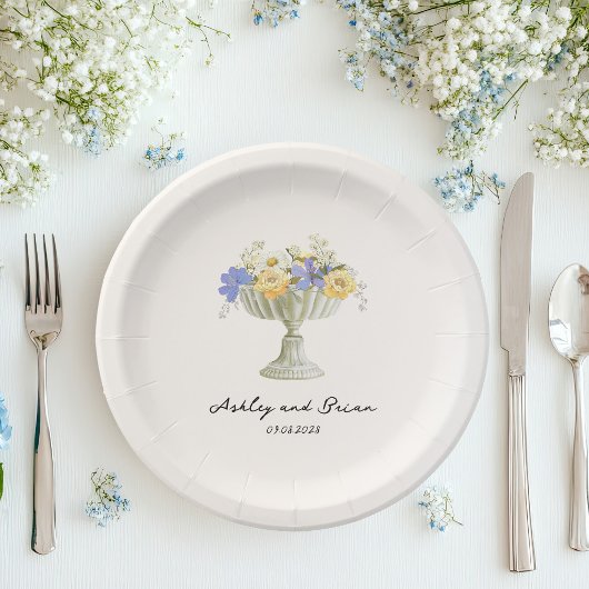 Romantic Tuscan Garden Urn with Flowers Wedding ペーパープレート