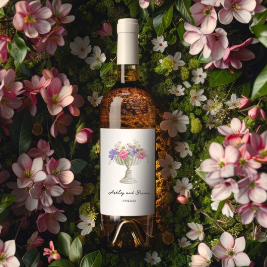 Romantic Tuscan Garden Urn with Flowers Wedding ワインラベル