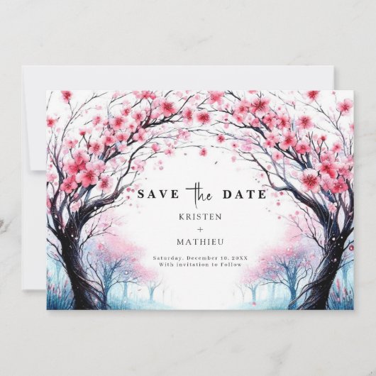 Romantic Typography Cherry Blossom Wedding セーブザデート (正面)