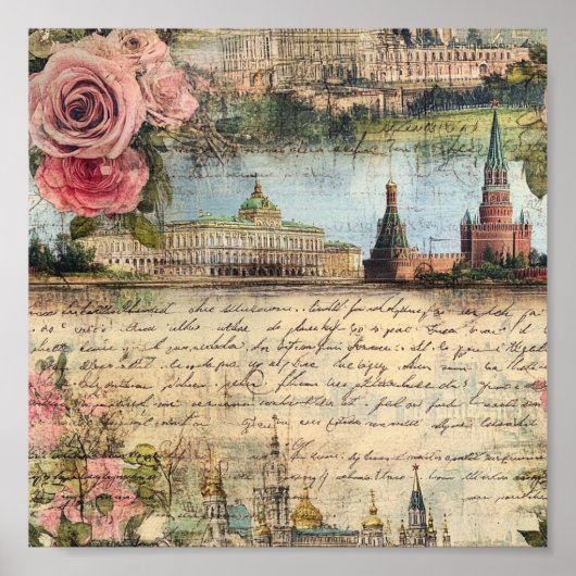 Romantic Vintage Architecture & Roses Collage Art ポスター (正面)