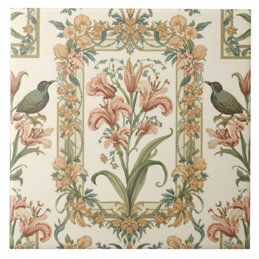 Romantic Vintage Lily Bird Art Nouveau Botanical タイル (正面)