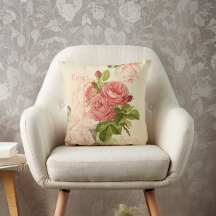 Romantic Vintage Peach Roses with Roses Text クッション