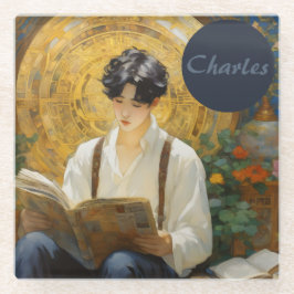 Romantic Vintage Style Art of Boy Reading ガラスコースター
