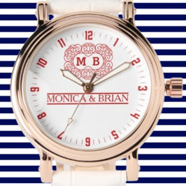 Romantic Vintage style Couple White Red Monogram 腕時計