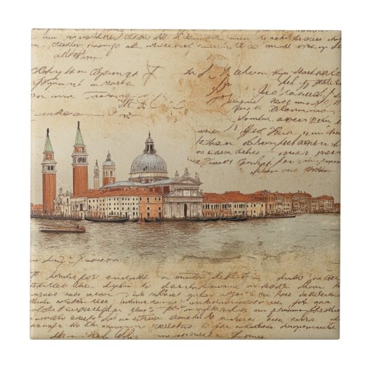 Romantic Vintage Venice Artwork with Script タイル (正面)