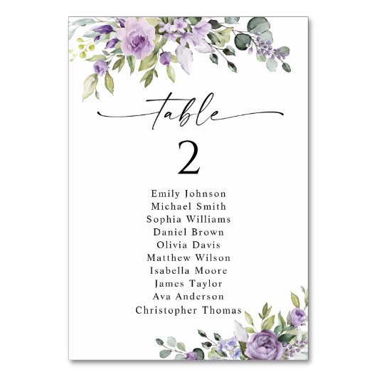 Romantic Violet Flower Table Seating Chart Cards テーブルナンバー (正面)