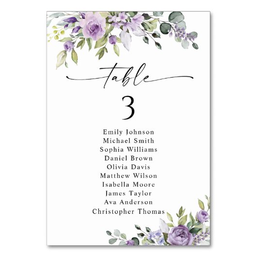 Romantic Violet Flower Table Seating Chart Cards テーブルナンバー (正面)