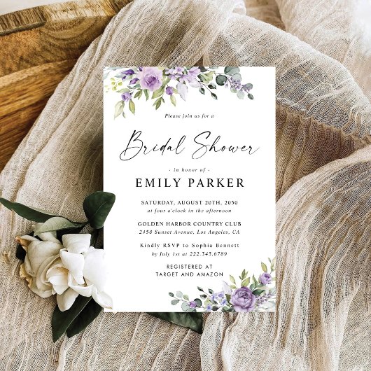 Romantic Violet Flowers Bridal Shower Invitation 招待状