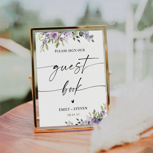 Romantic Violet Flowers Guest Book Sign 台座サイン
