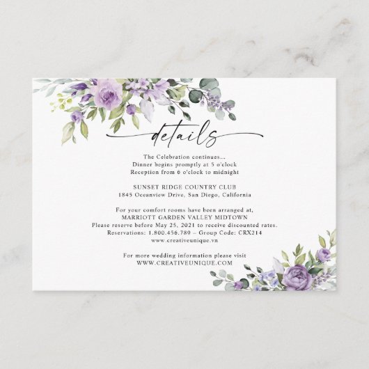 Romantic Violet Flowers Wedding Details Card エンクロージャーカード (正面)