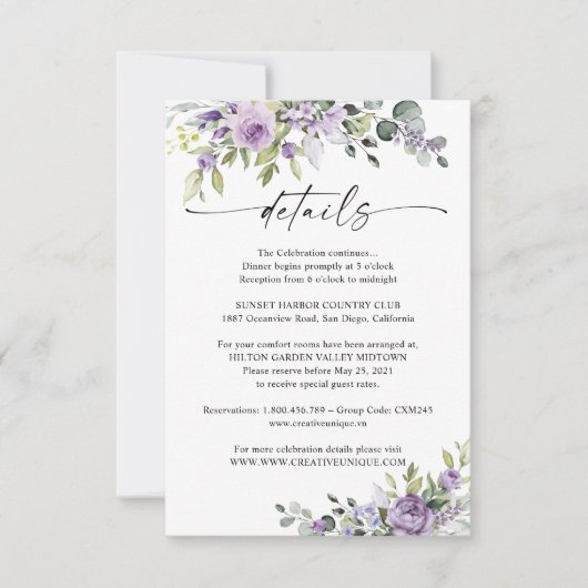 Romantic Violet Flowers Wedding Details Card 出欠カード (正面)