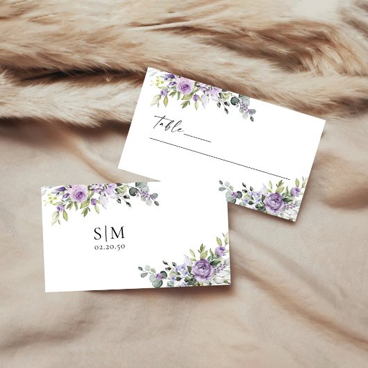 Romantic Violet Flowers Wedding Folded  プレイスカード