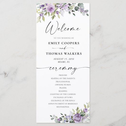 Romantic Violet Flowers Wedding Program プログラム (正面)