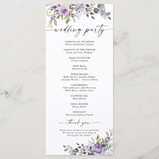 Romantic Violet Flowers Wedding Program プログラム (裏面)