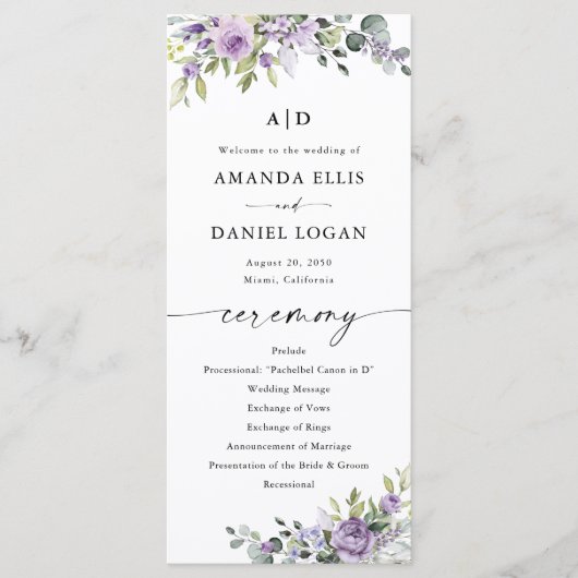 Romantic Violet Flowers Wedding Program プログラム (正面)