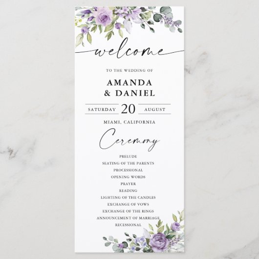 Romantic Violet Flowers Wedding Program プログラム (正面)