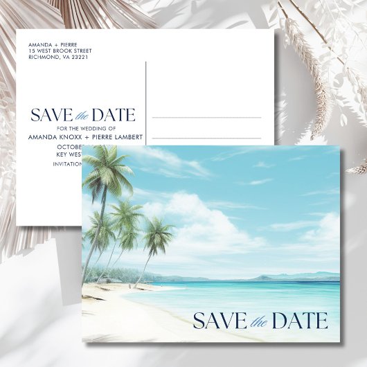 Romantic Watercolor Beach Wedding Save the Date 案内ポストカード