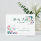 Romantic Watercolor Blush Pink Floral Wedding 出欠カード (スタンド正面)