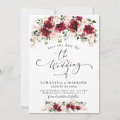 Romantic Watercolor Burgundy Blush Roses Wedding セーブザデート (正面)
