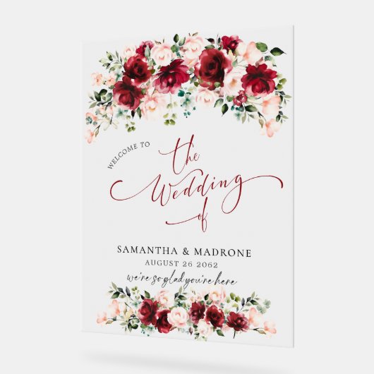 Romantic Watercolor Burgundy Blush Wedding Welcome アクリルサイン (傾斜)