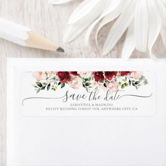 Romantic Watercolor Burgundy Roses Save the Date  ラベル