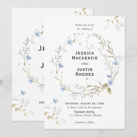 Romantic Watercolor Dusty Blue Wildflower Wedding 招待状 (正面/裏面)
